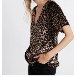 Madewell brown floral velvet split sleeve ruffle hem Boho hippie blouse S flirty